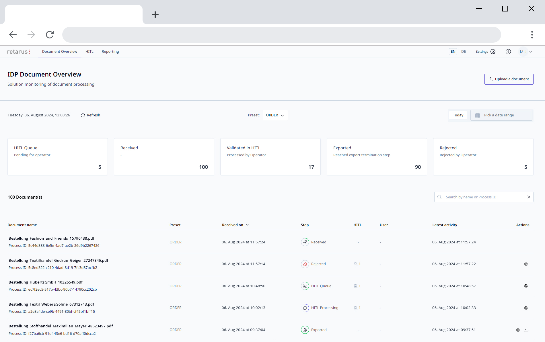 Intuitives und benutzerfreundliches Dashboard zur umfassenden Überwachung der Performance des gesamten IDP-Systems.