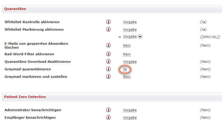 Greymail-Einstellungen im EAS