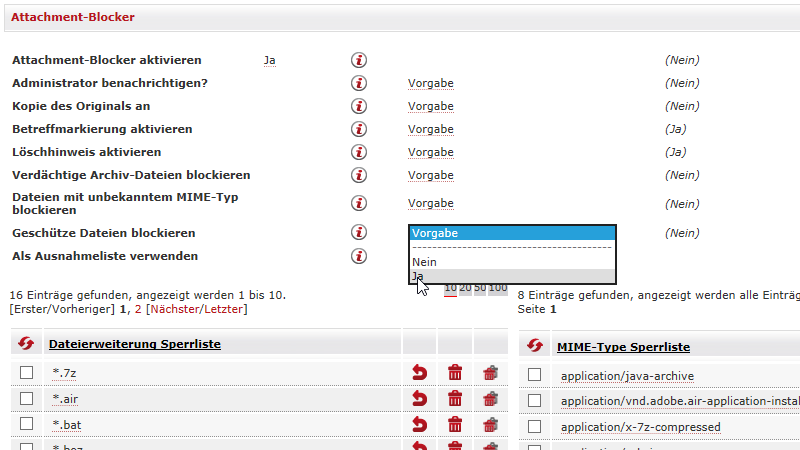 Attachment Blocker, Einstellung geschützte Dateien