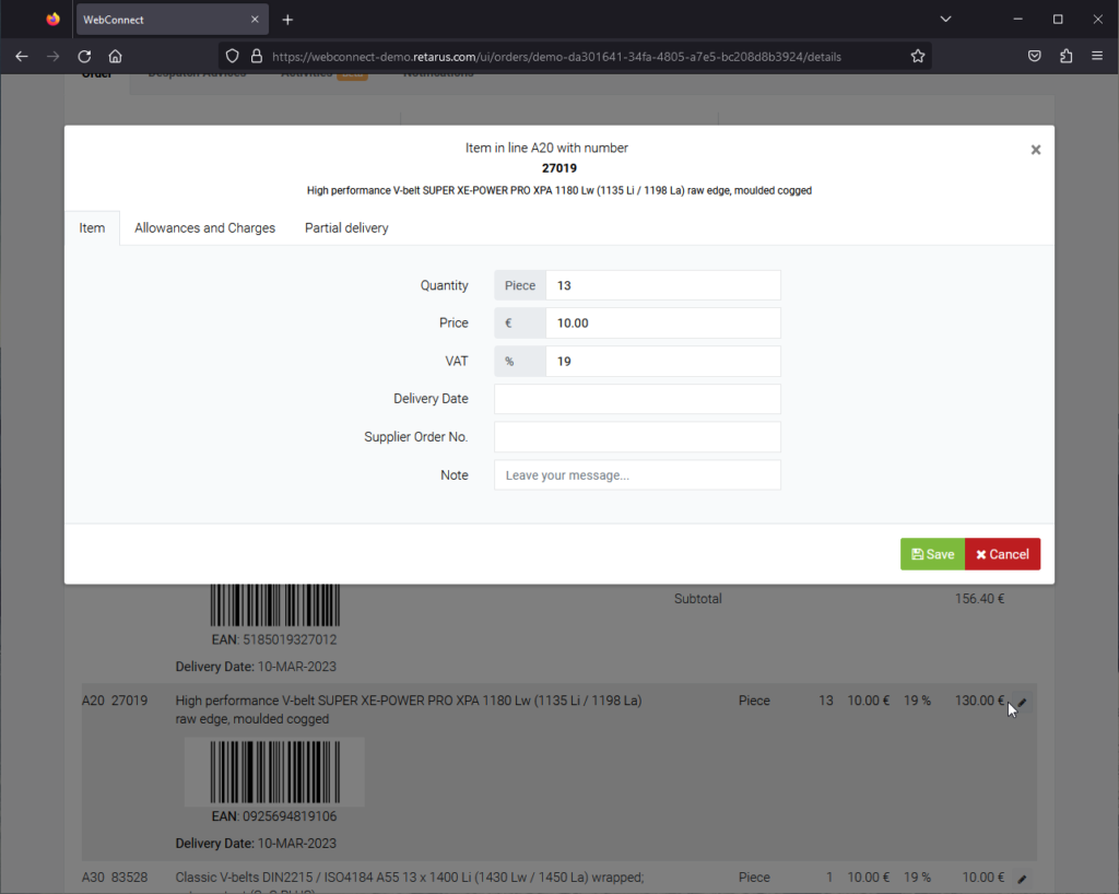 Ecran de modification de commandes sur Webconnect de Retarus - Service pour connecter les fournisseurs