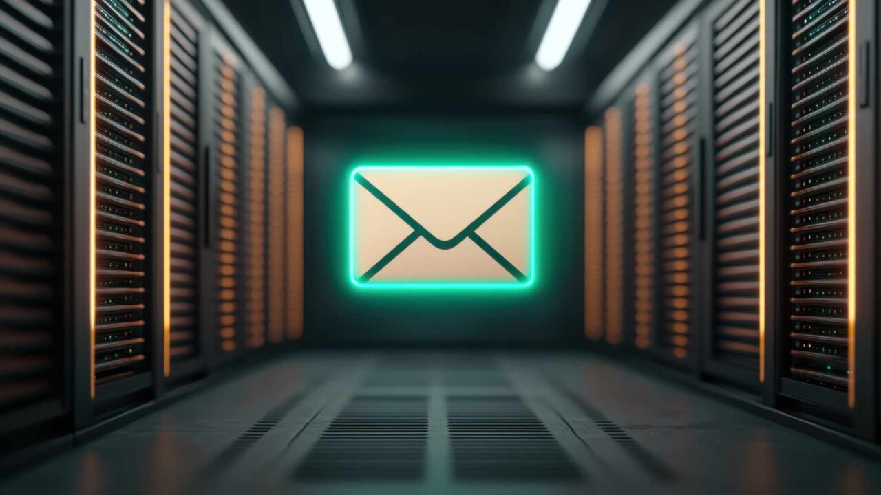 Secure Multipurpose Internet Mail Extension (S/MIME) Concept. Digital mail icon in a futuristic server room setting.