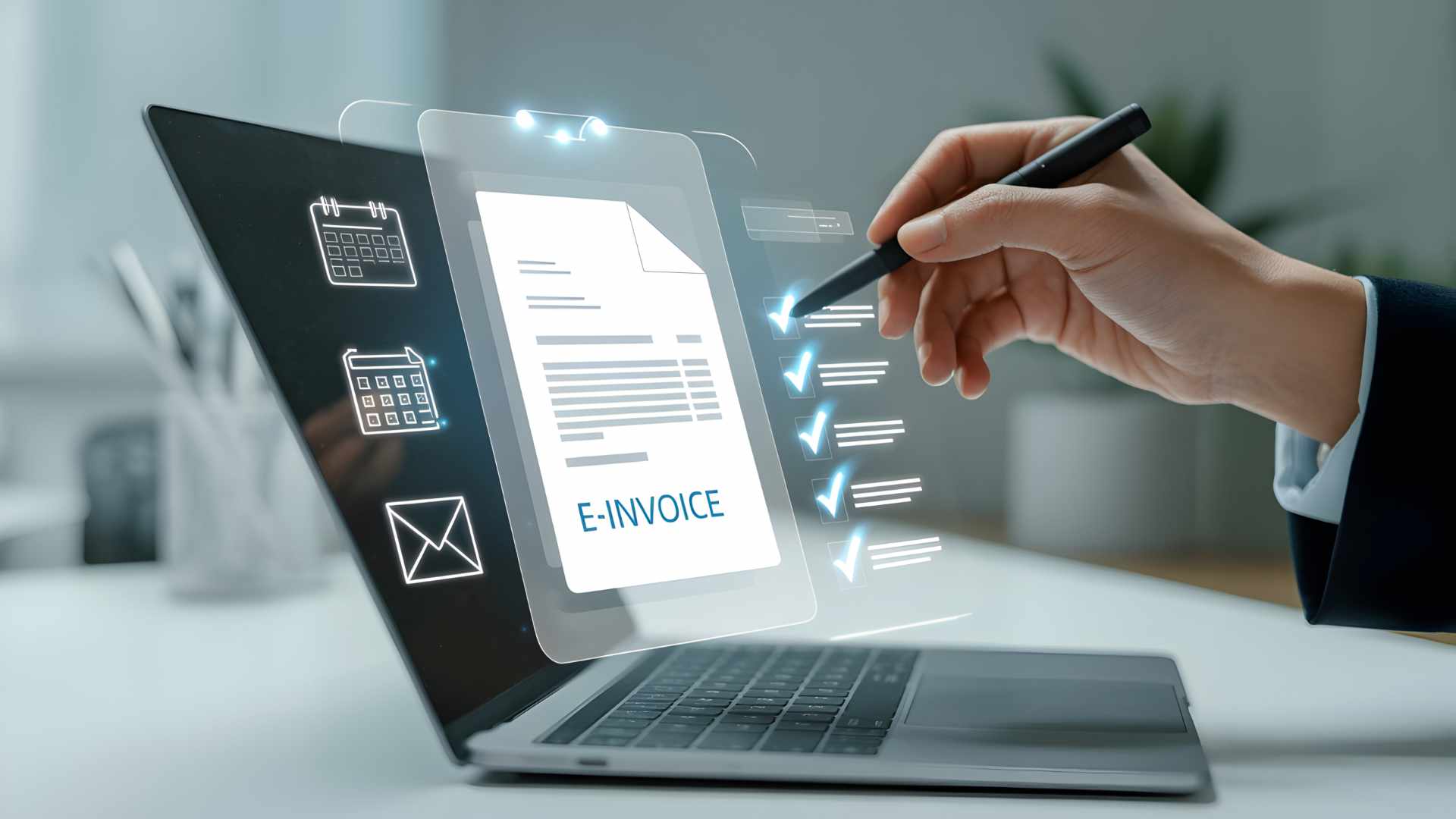 Modern e-invoicing concept: digital document signing with laptop