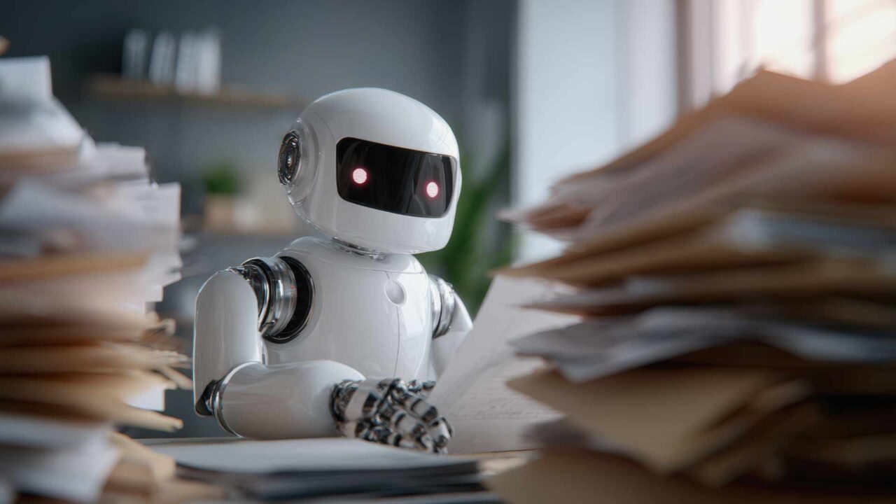 Neue Architektur für Retarus Intelligent Document Processing A white robot with digital eyes reviews paperwork amid tall stacks of documents in a modern office setting.