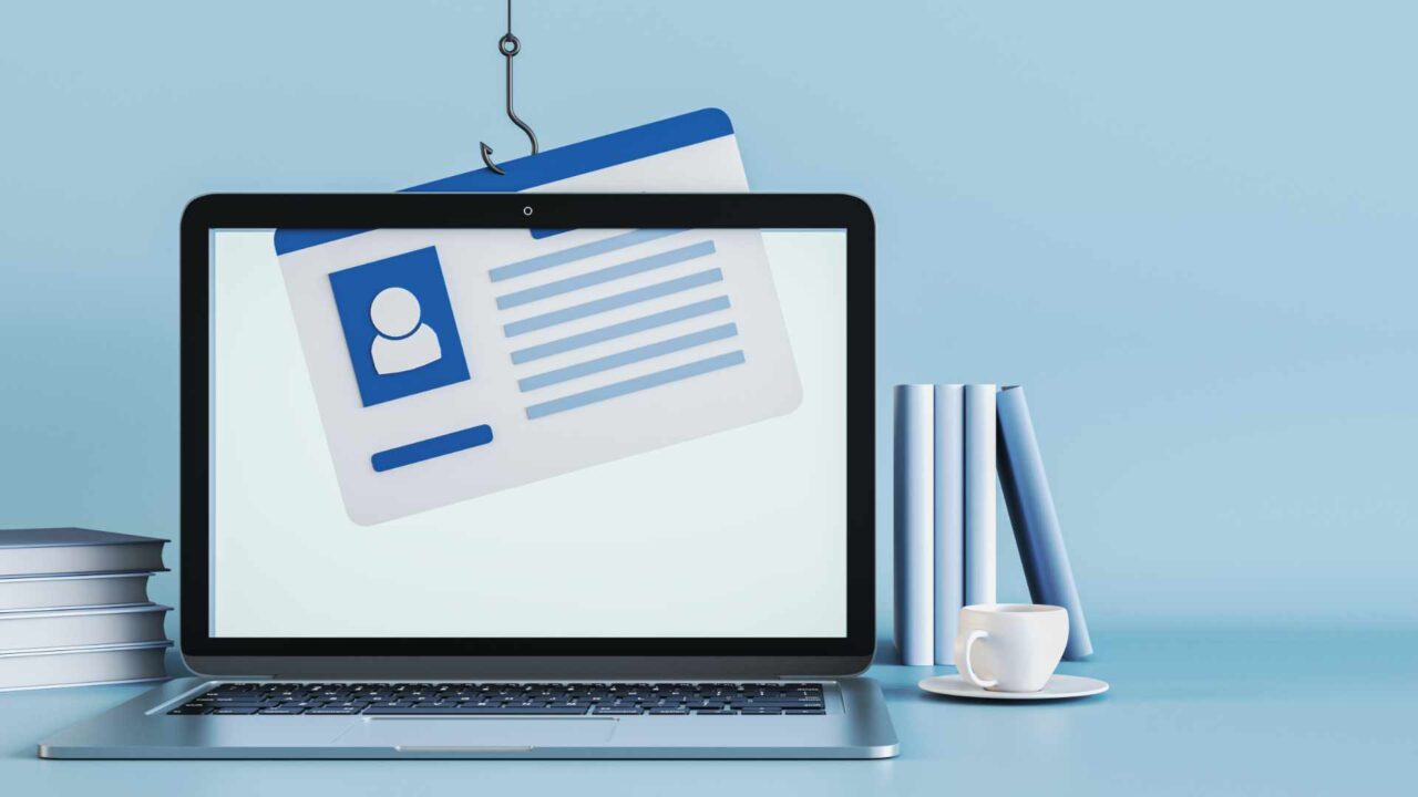 Fishing and ransomware concept with blank blue background with place for your advertising text and user account card stolen from modern laptop screen. 3D rendering, mockup