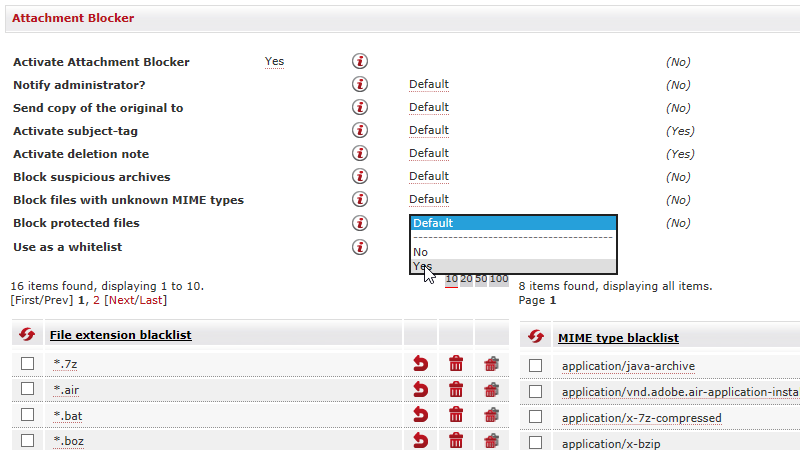 Attachment Blocker settings