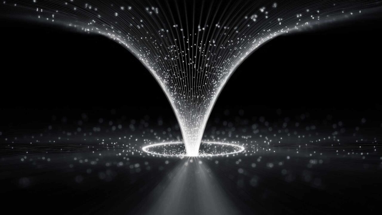 Monochrome visualization of a data flow funnel, particles conver