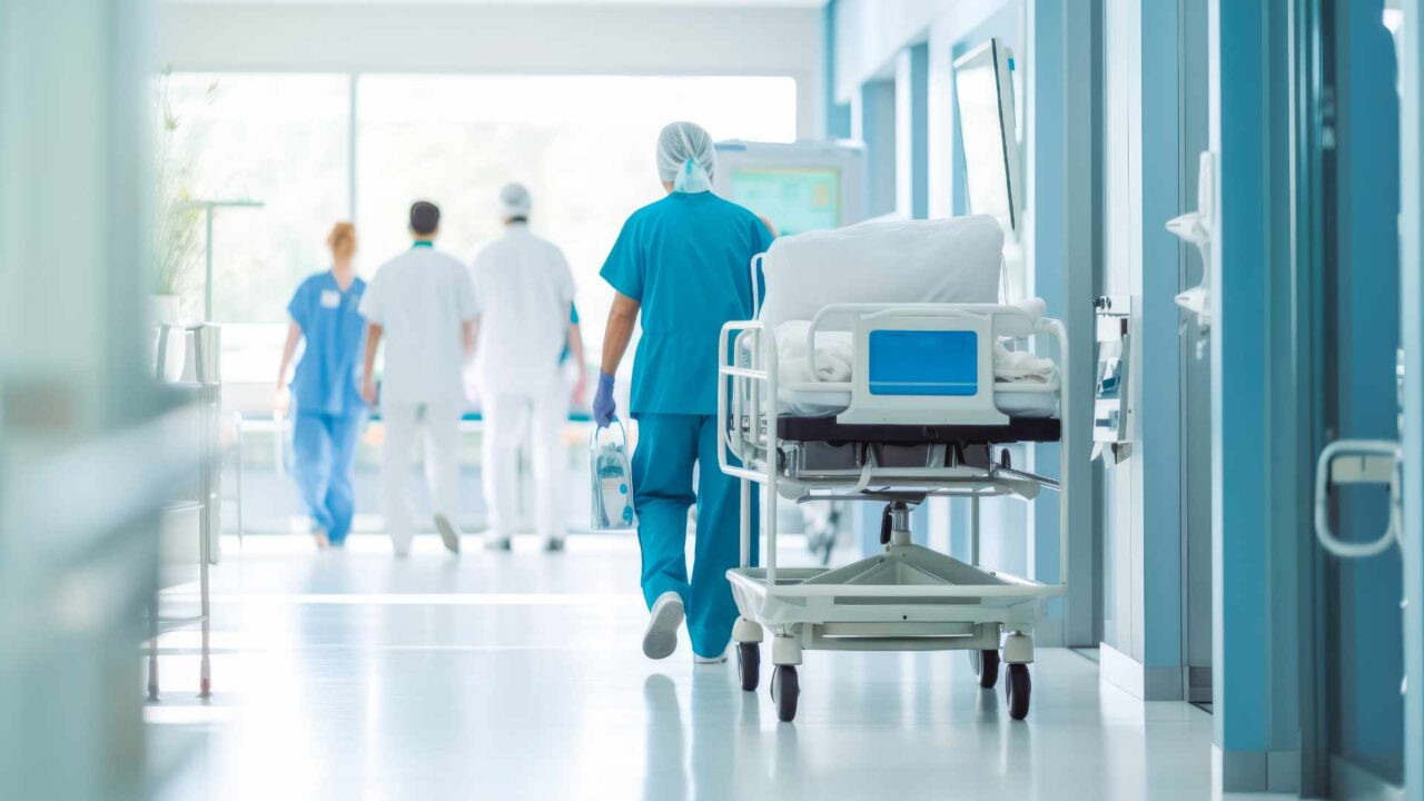 The $4 Million Fax Fix: What Hospitals Can Learn from Beth Israel Lahey Health Doctors in hospital corridor. Nurses pushing gurney stretcher do