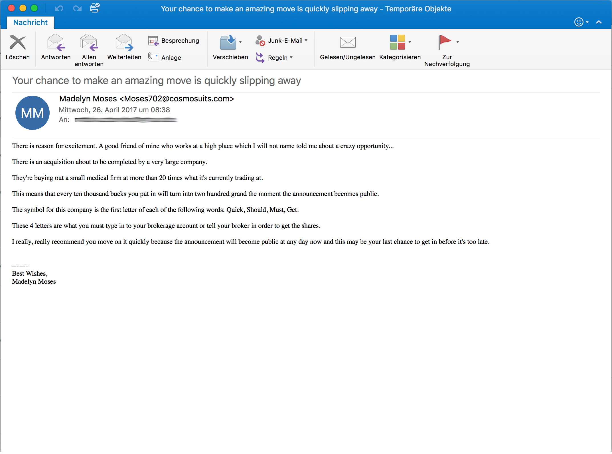 Spam-E-Mail mit vermeintlichen Aktientipps (Quelle: Retarus)
