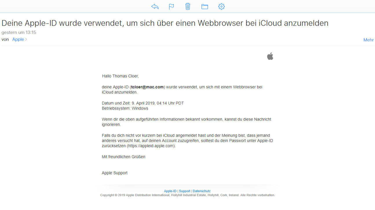 Screenshot einer Sicherheitswarnung von Apple, an der ein Phishing-Filter keinen Anstoß nehmen würde
