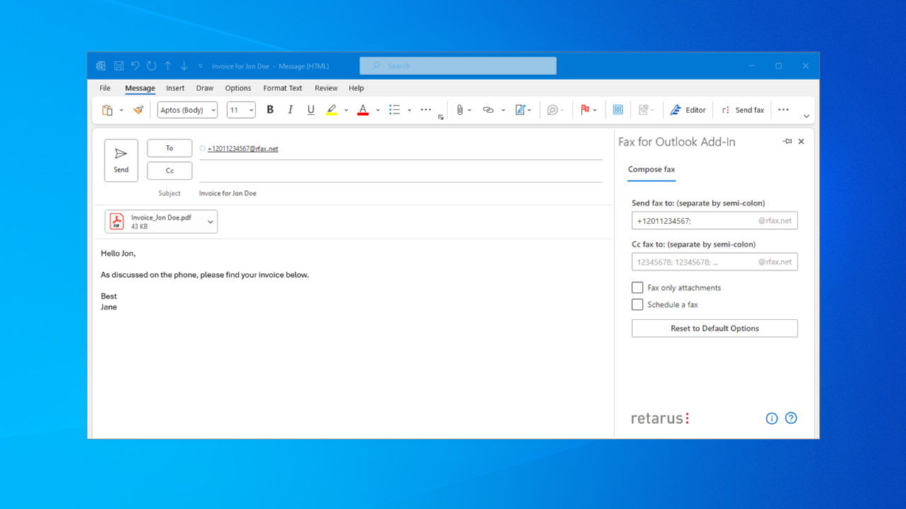 Inviare fax da Outlook non è mai stato così facile, grazie al nuovo componente aggiuntivo Cloud Fax di Retarus