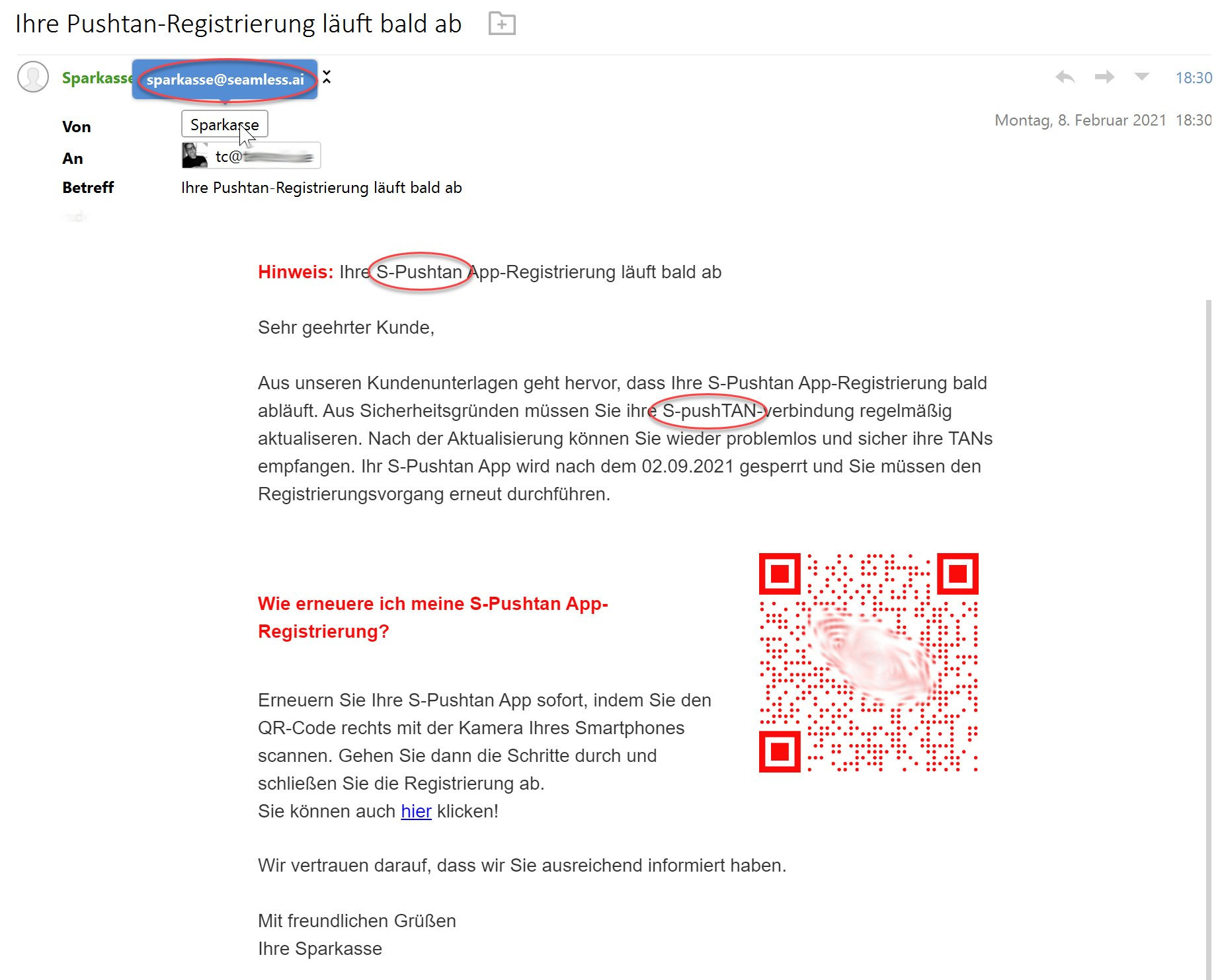 Screenshot einer Phishing-Mail zu S-pushTAN