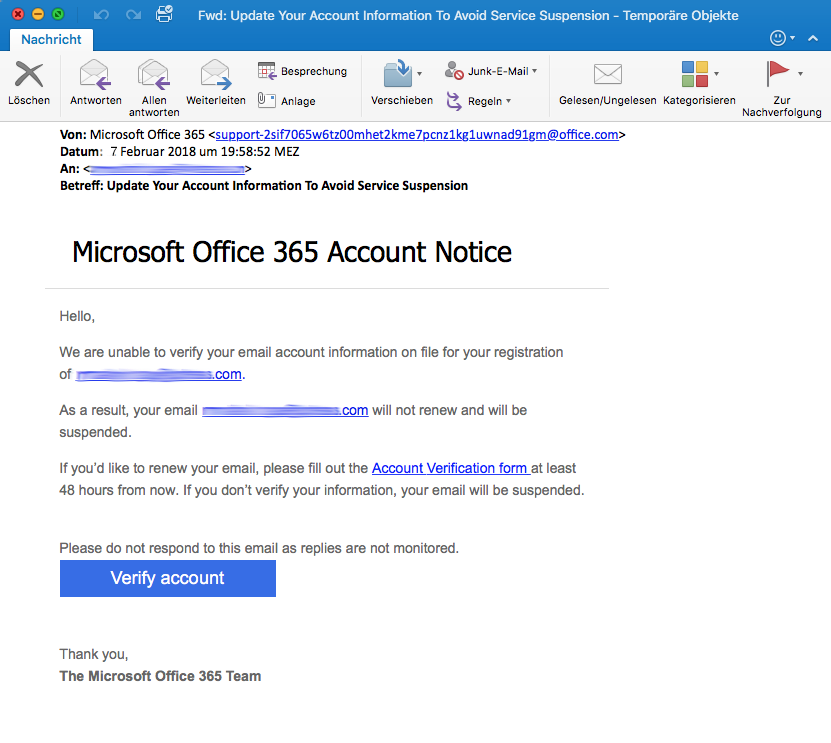 Screenshot der Phishing-Mail 