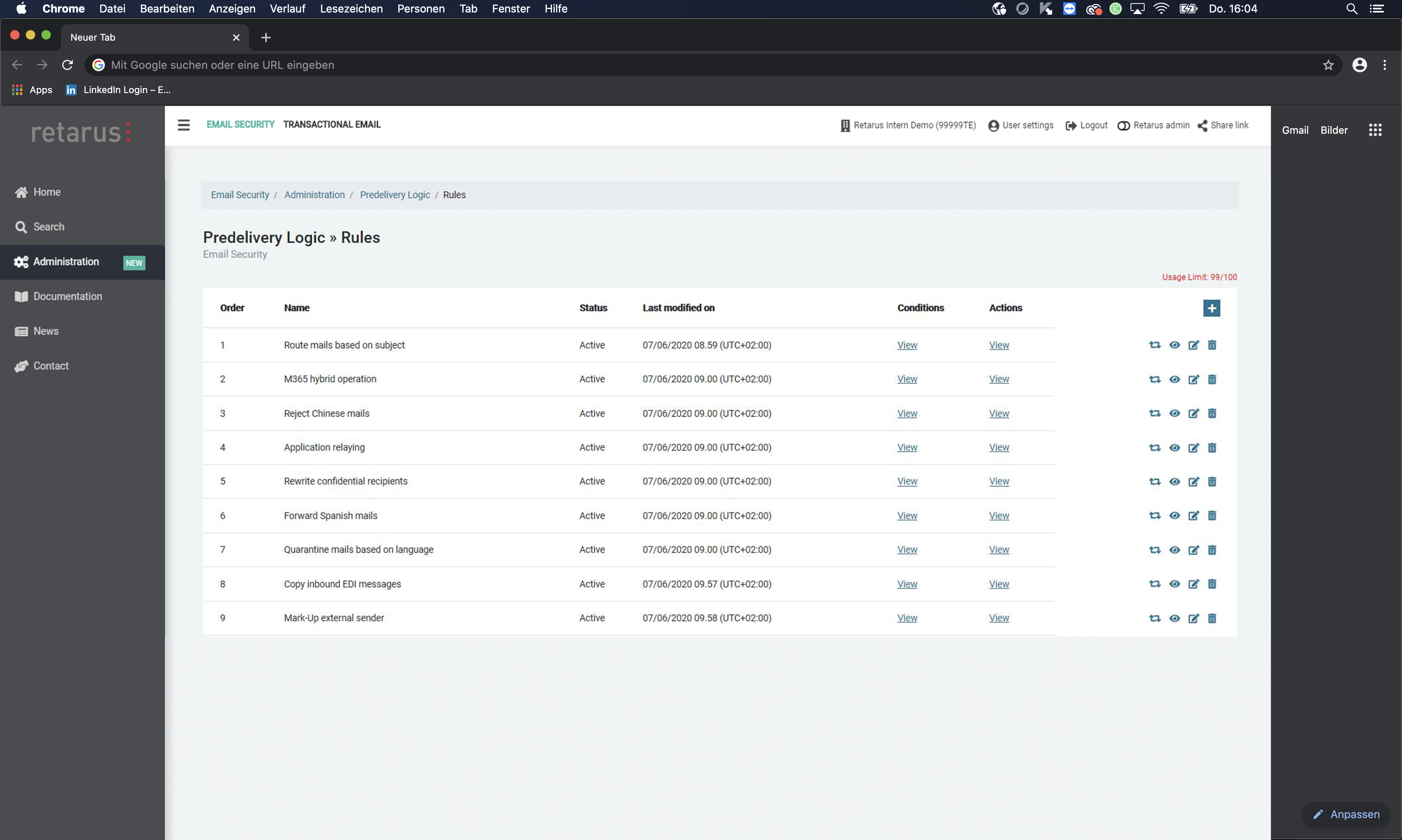 Administrator Ansicht der Retarus Predelivery Logic