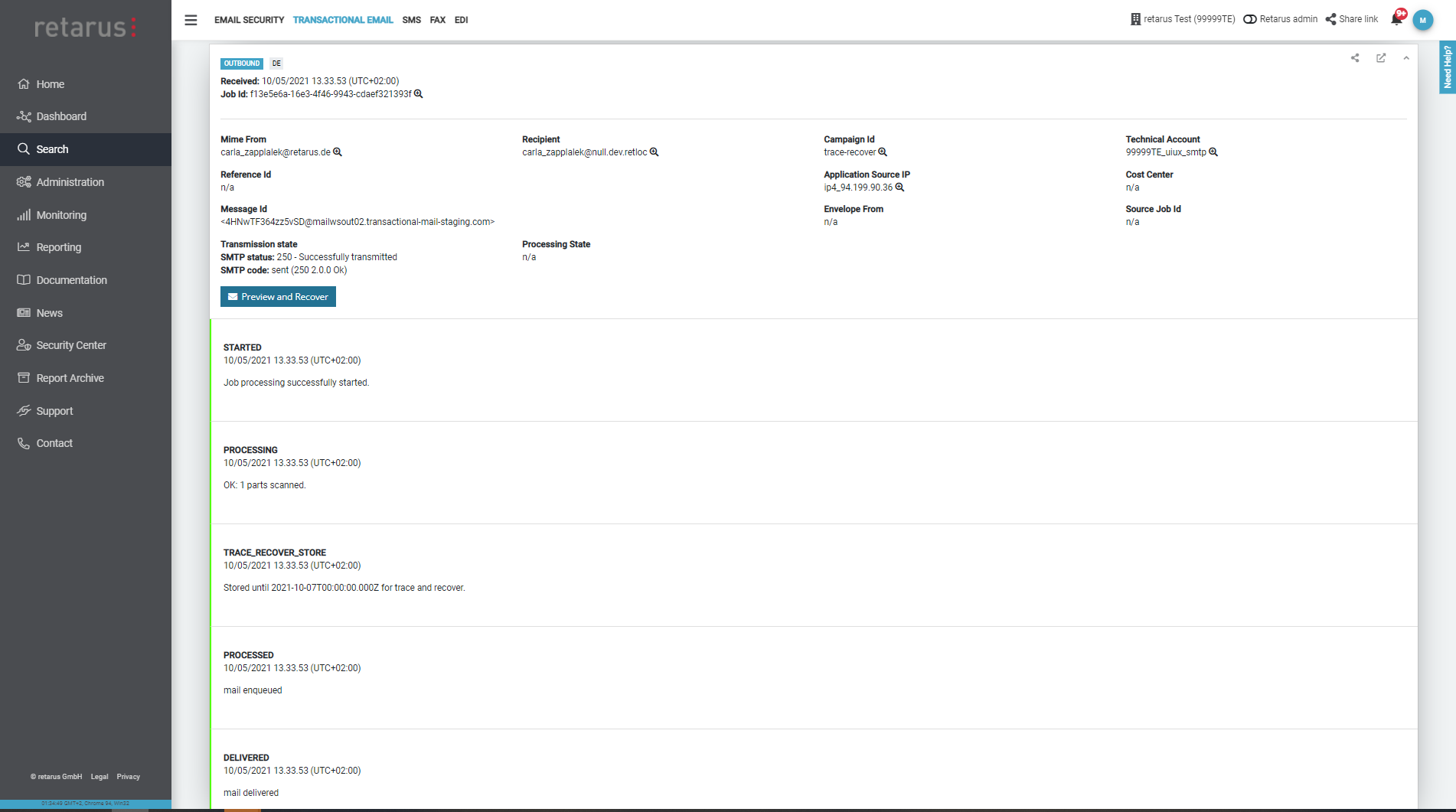 Retarus Transactionel Email - Emails transactionnels interface