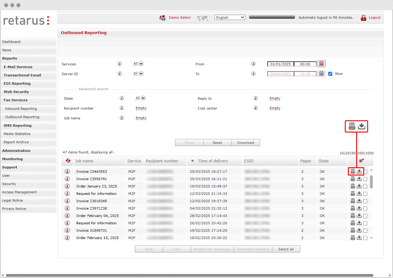 A screenshot of the Cloud Fax reporting UI showing how admins can re-send or download faxes with the archiving add-on