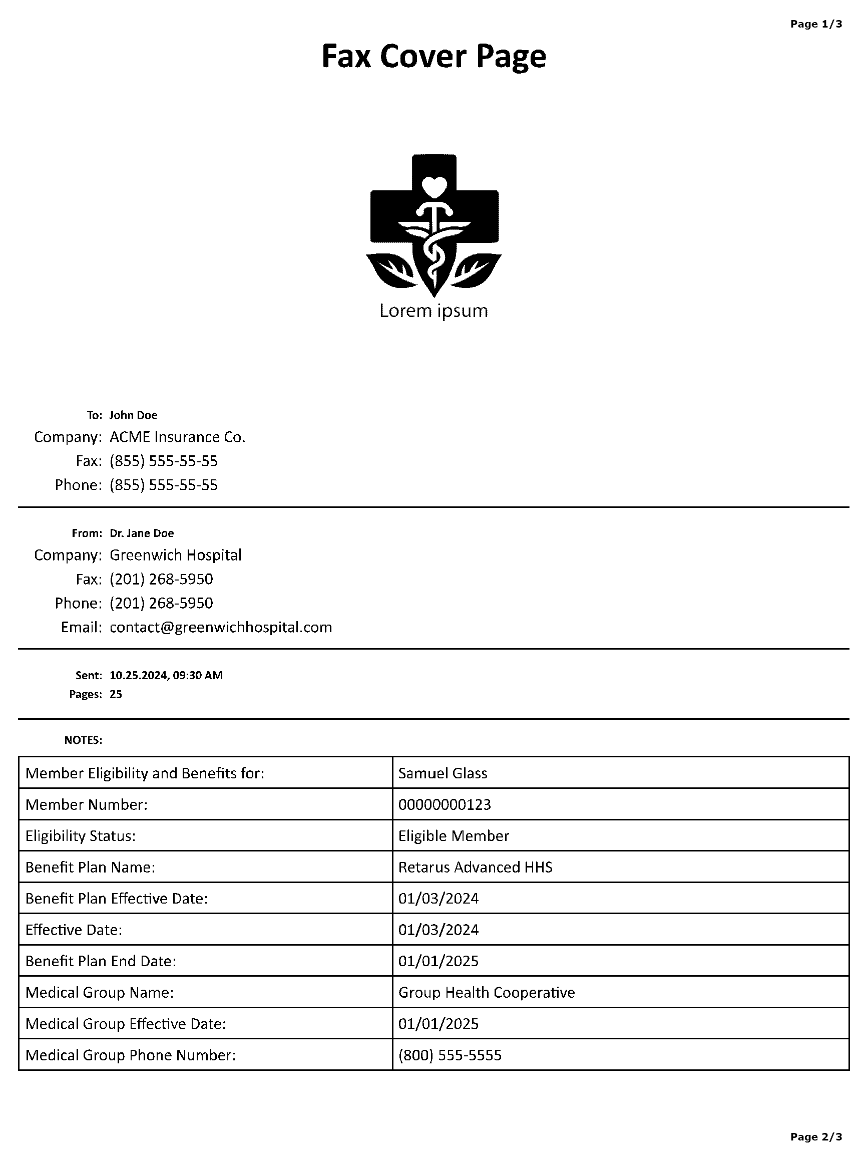 A Cloud Fax cover page including sender, recipient and other information that is dynamically populated before transmission