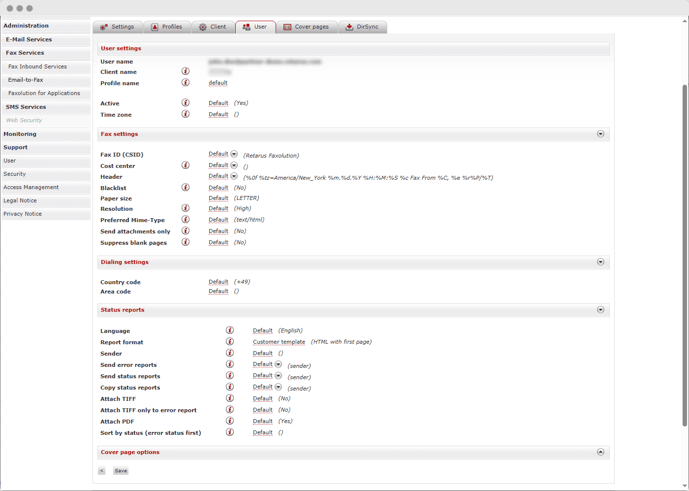 A screenshot of a Cloud Fax adminstration interface showing various service and user configuration options