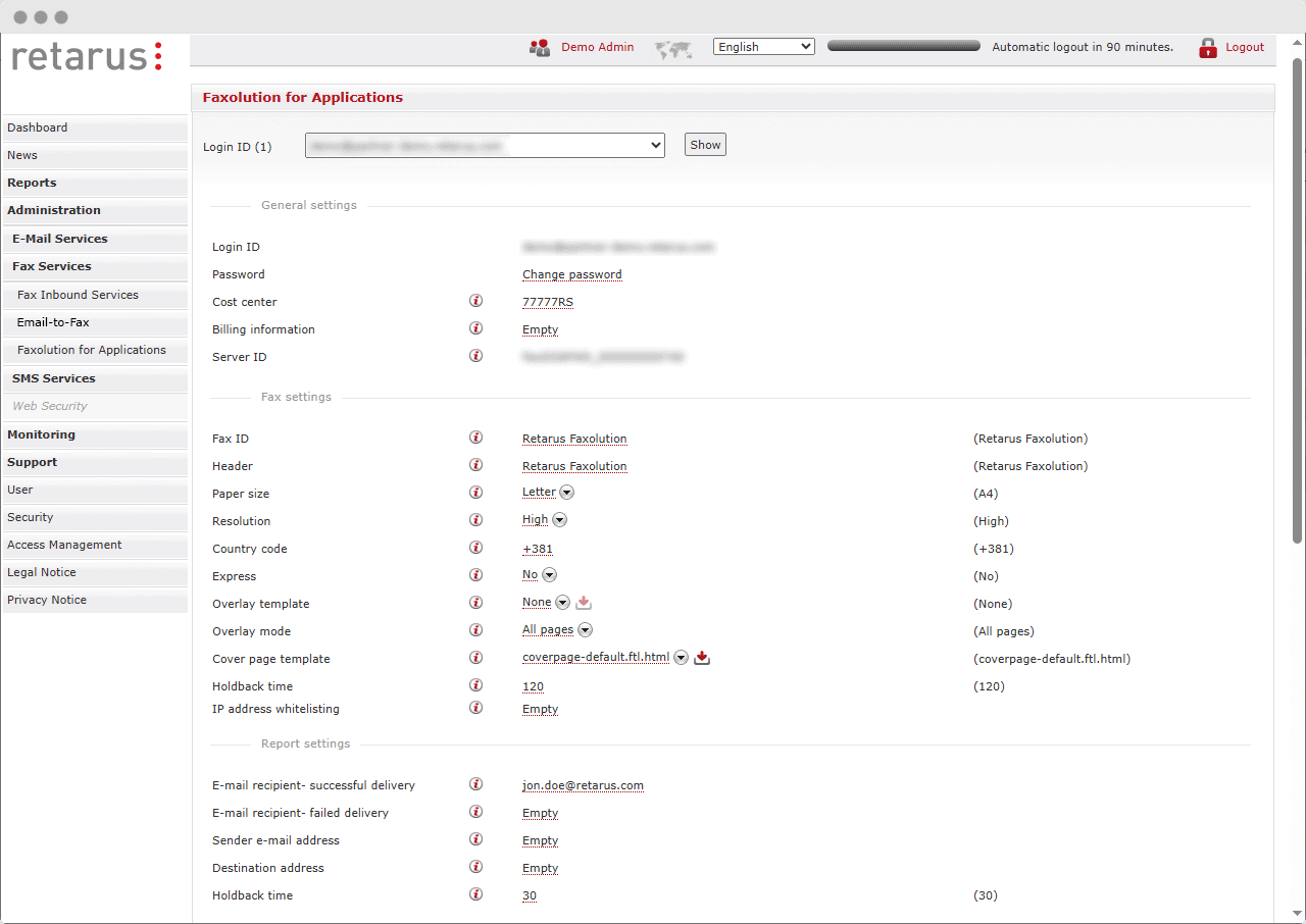A screenshot showing the admin UI where IT teams can choose from a vast array of settings to configure Cloud Fax APIs