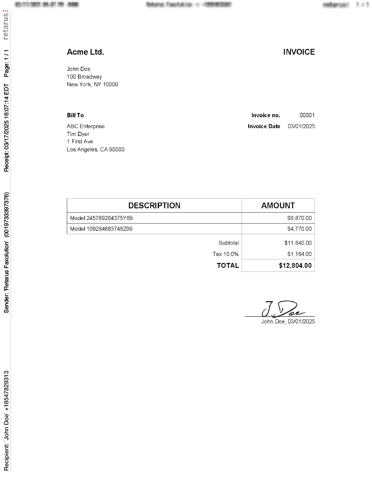 A document received via Cloud Fax with a ribbon on its side showing sender and recipient information and the time of receipt