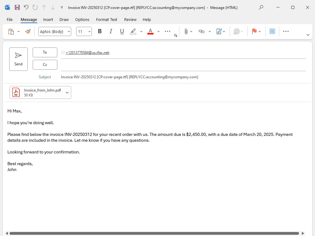 A screenshot of a fax being composed in an email before it is sent via Email-to-Fax using subject line commands