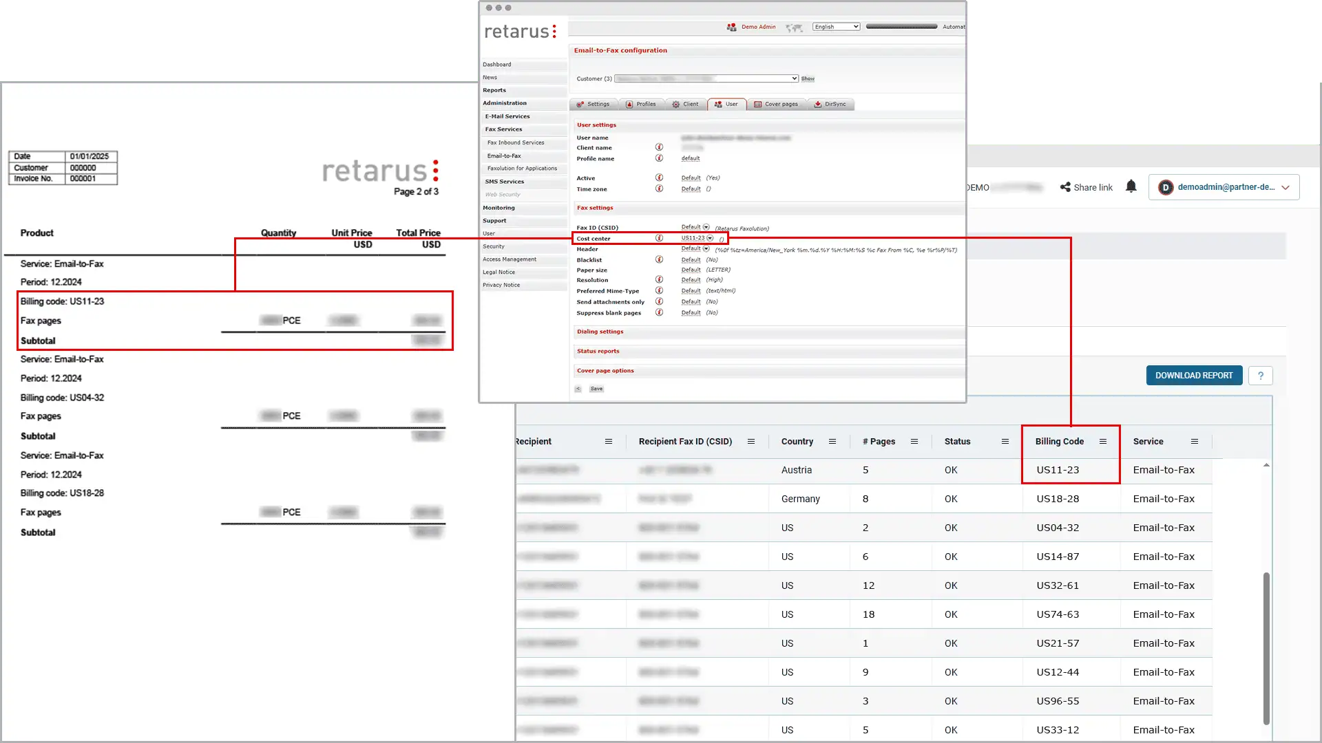 Screenshots of assigning billing codes in the Cloud Fax admin UI and viewing invoices and reports grouped by billing code