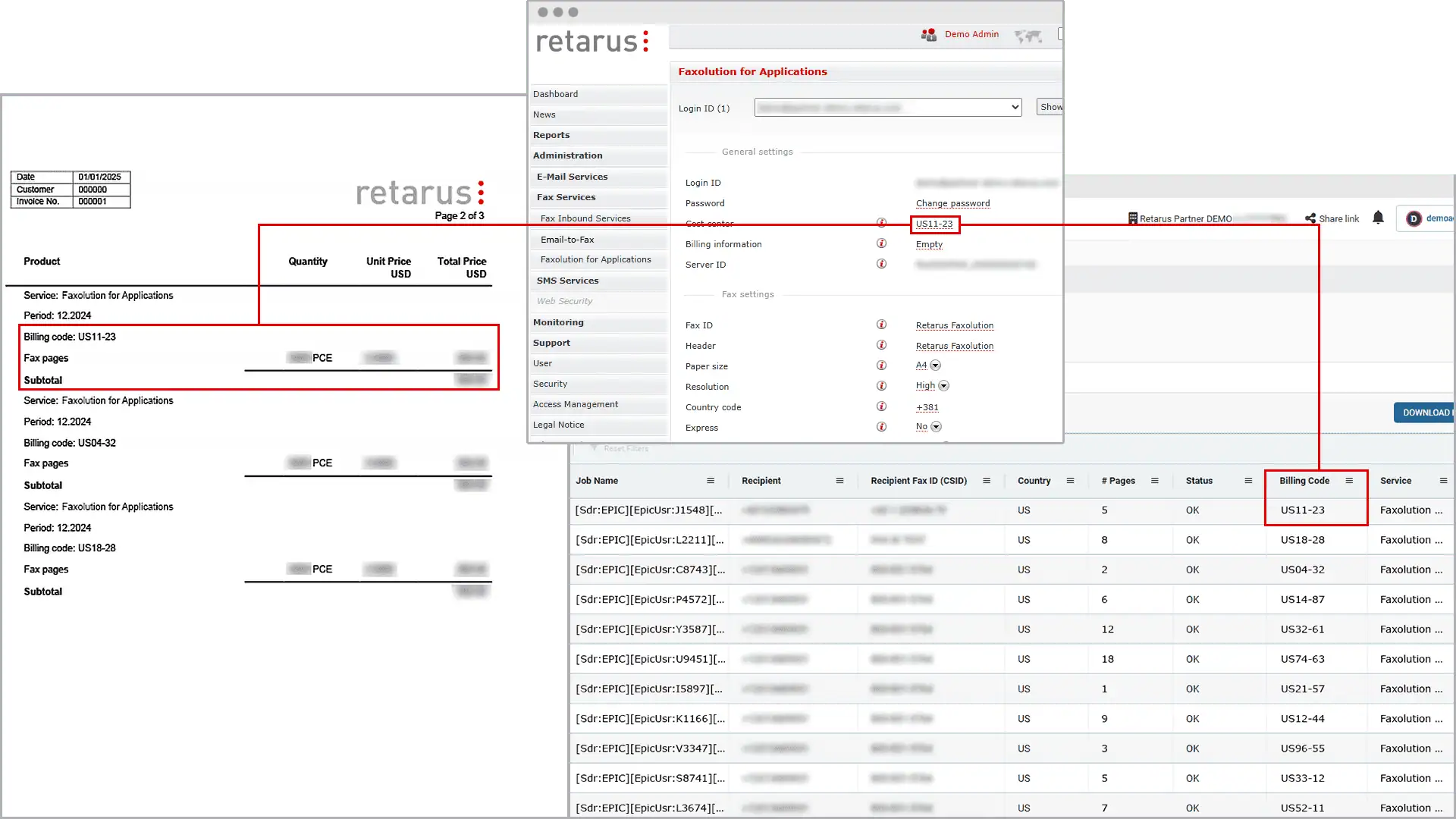 Screenshots of assigning billing codes in the Cloud Fax admin UI and viewing invoices and reports grouped by billing code