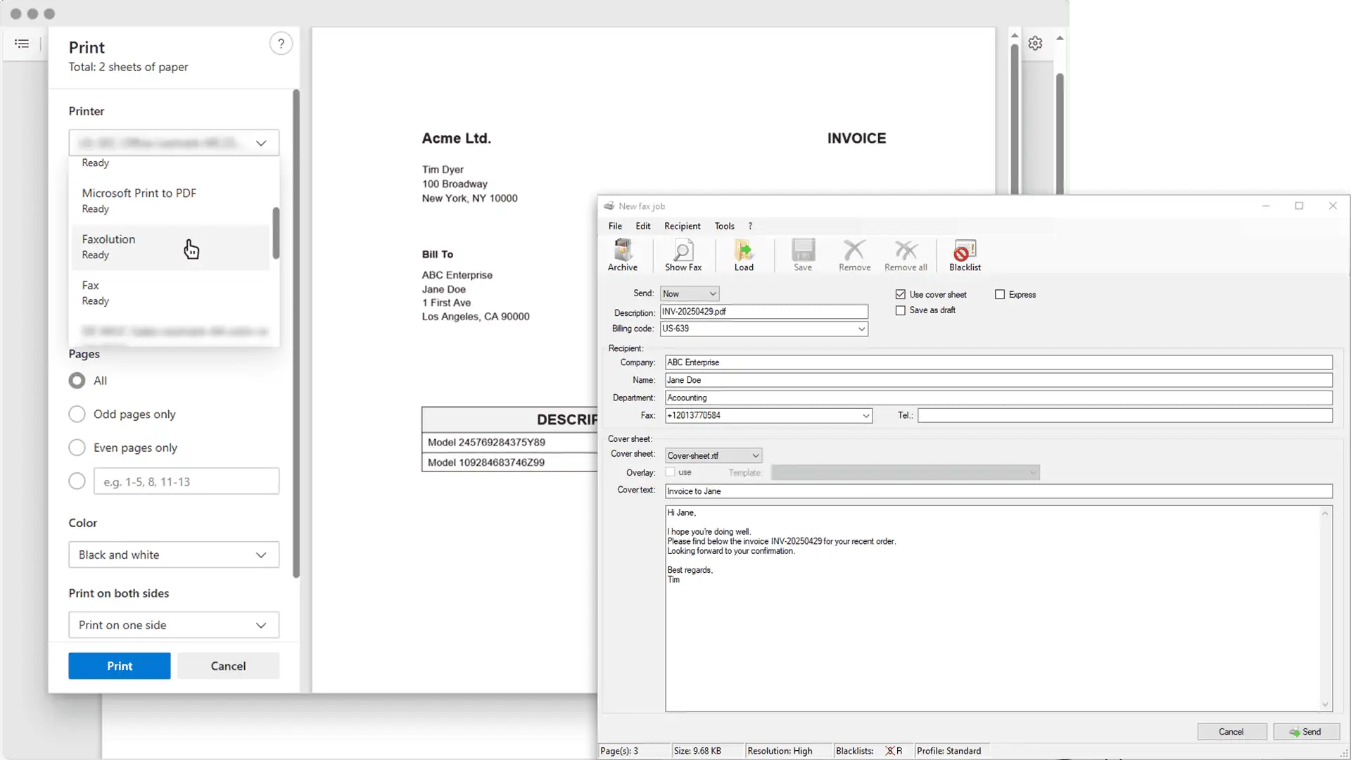 Screenshots showing how a document can be faxed using the Print command and transmission options in the Cloud Fax UI