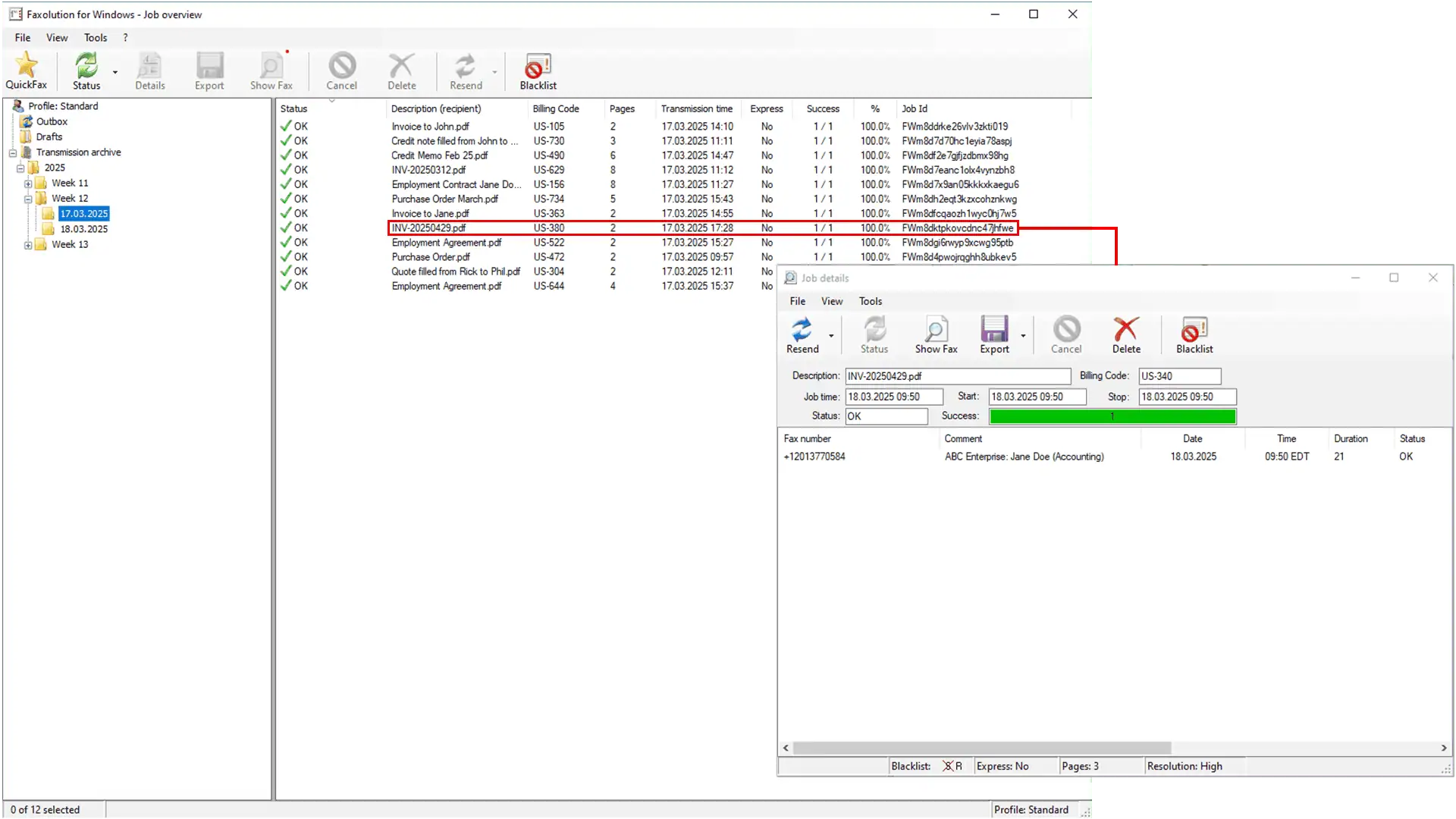 Screenshots of a user’s fax job overview in Cloud Fax for Windows and a detailed view of an individual transmission