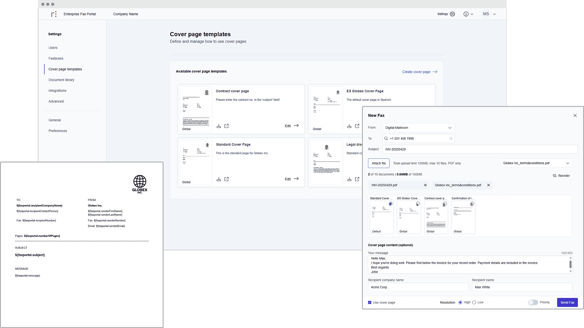 Screenshots of a Cloud Fax web portal showing a cover page library that users can choose from when sending a fax