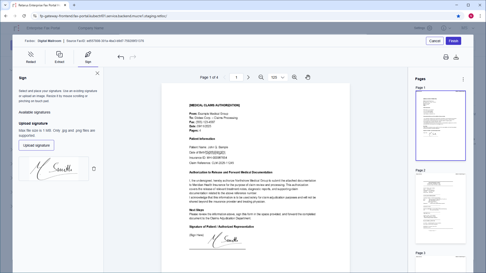 A screenshot showing the document editing feature in the Cloud Fax portal, including redaction and signing capabilities.